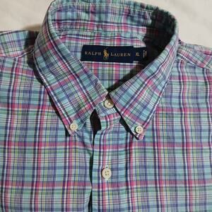 Ralph Lauren XL Men's 100% Cotton Long-Sleeved Blue/Pink Plaid Button-Down Shirt